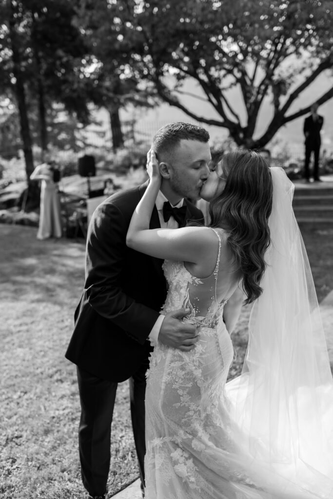 bride and groom kiss after wedding ceremony in hood river, oregon