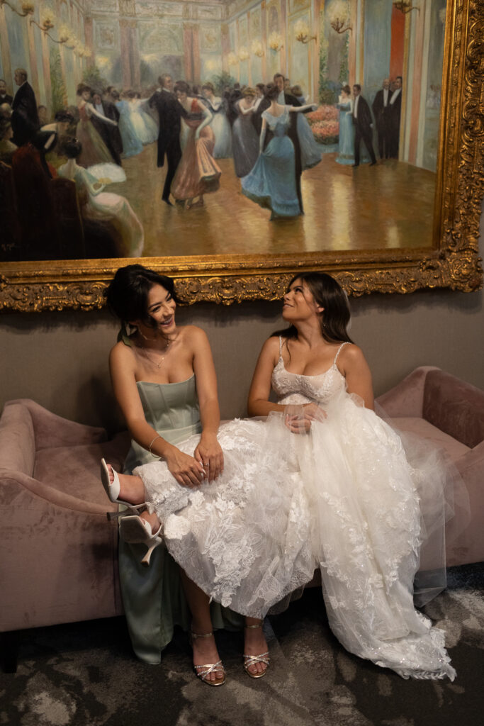 sister and bride laughing at the columbia gorge hotel and spa wedding