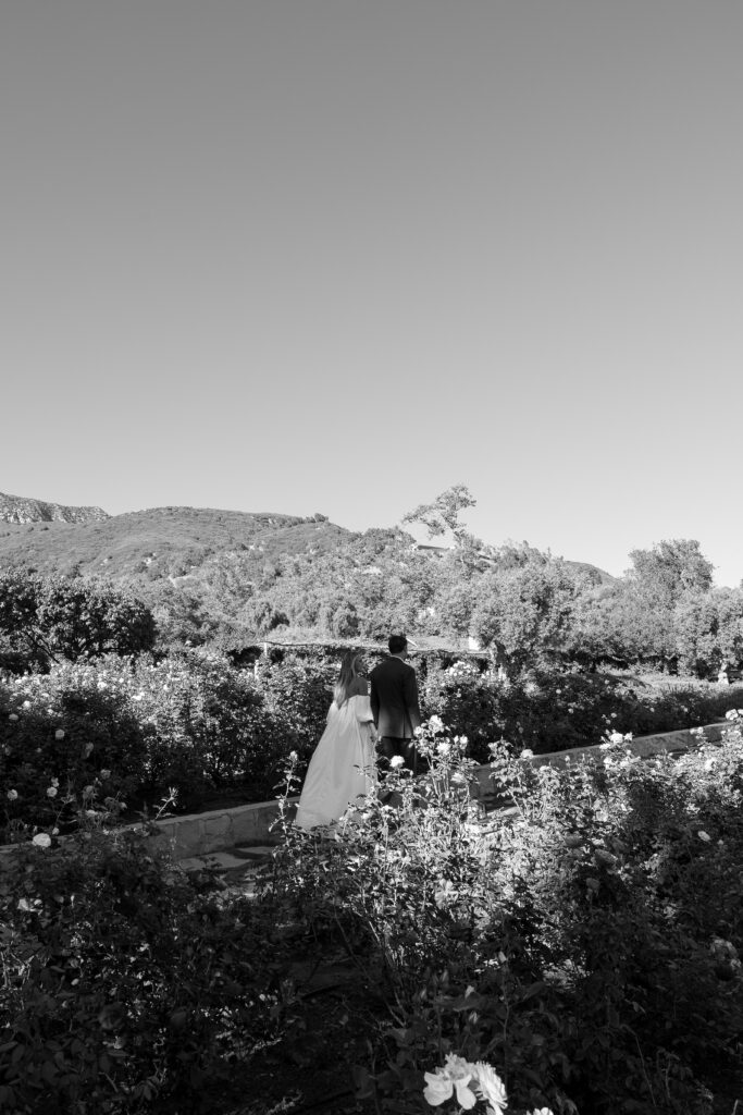 Black and white photo of bride and groom walking hand-in-hand through a rose garden at a luxury California estate wedding with mountain backdrop.