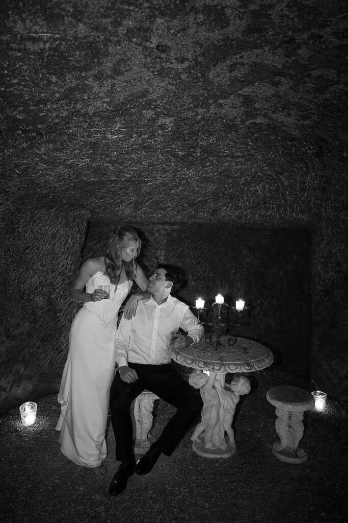 bride and groom in the whiskey cellar at le 7 fonti