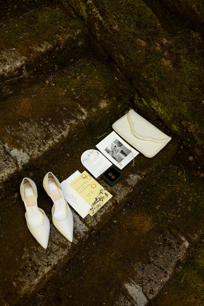 wedding details including rome wedding invitations and designer shoes