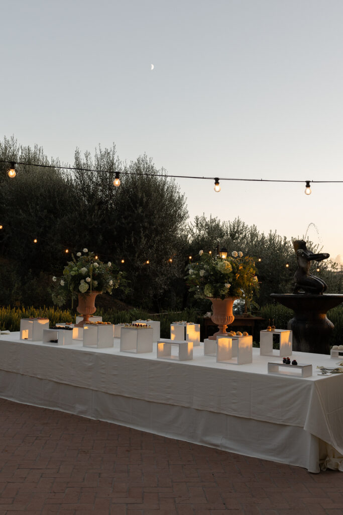 small bites at beautiful table under the moonlight at cocktail hour